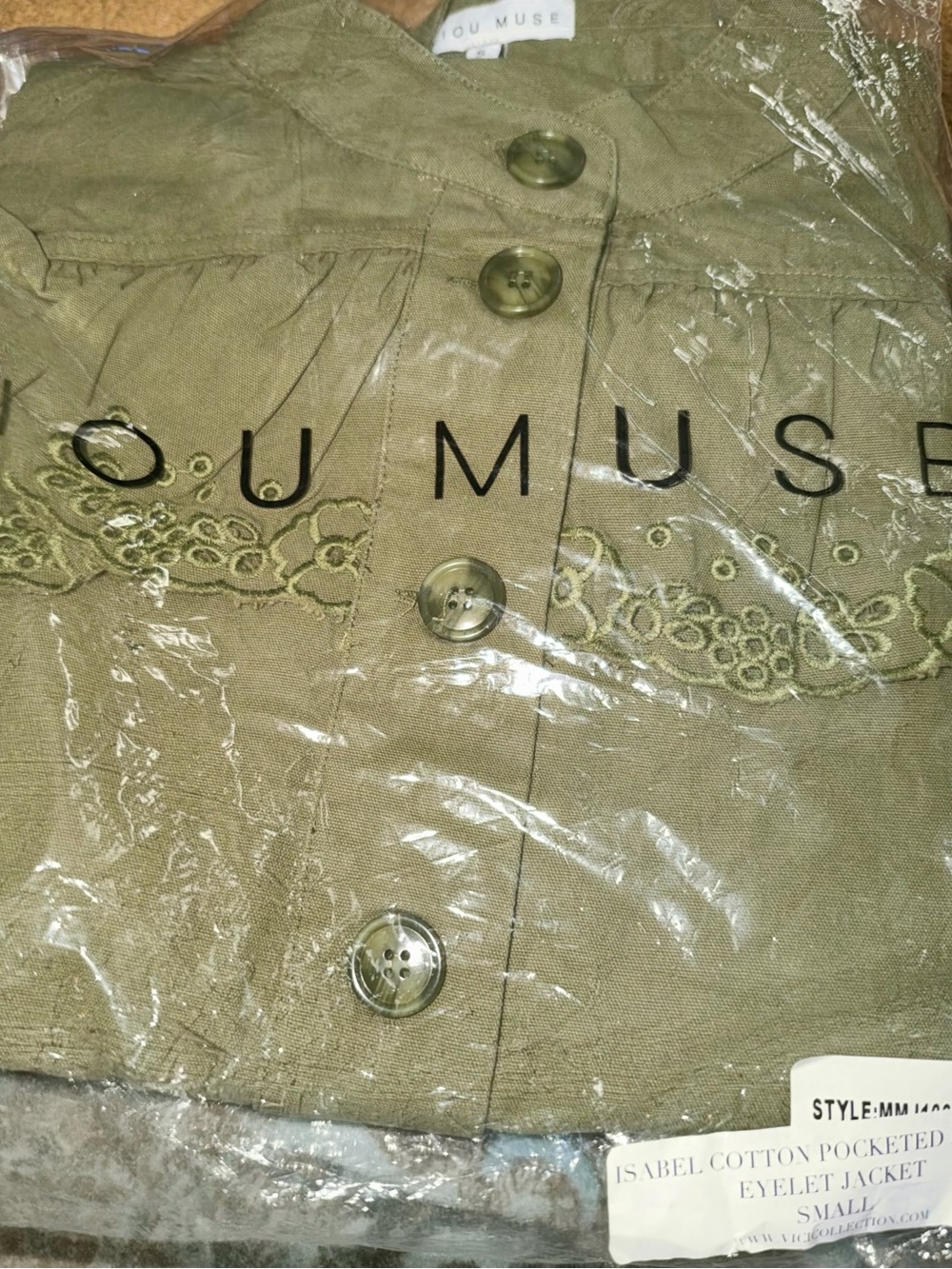 Vici brand Miou Miou Isabel Cotton Pocketed Ruffle Olive Green Eyelet Jacket - Picture 5 of 5